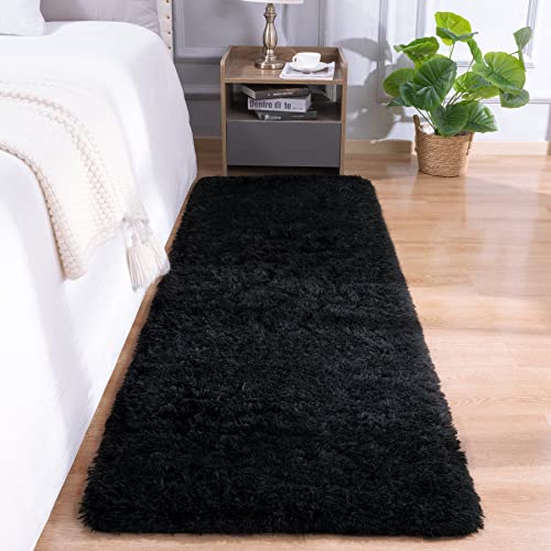 DETUM Black Bedroom Rug 2X6 Runners Fluffy Area Rugs for Hallyway Entryway Kitchen Bedside Soft Kids Room Rugs Furry and Washable Kids and Pets Friendly - color: Black, size: 2 x 6 feet