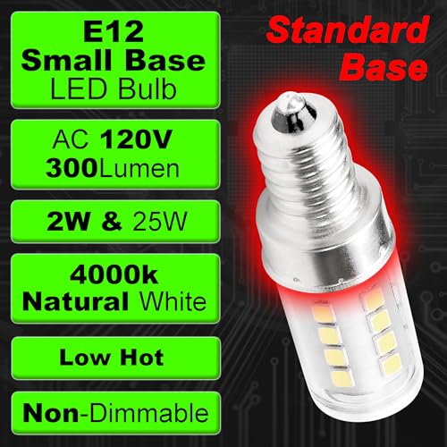 E12 T6 C7 LED Candle Base Bulb 2W Natural White 4000K AC120V 300lm Equivalent 25W E12 Candelabra Base LED Bulb for Chandelier Pendant Table Lamp Refrigerator Ceiling Fan Bulb, Non-Dimmable, 4 Pack - color: 4000k Natural White, size: 2 Watt-Non-dimmable-4