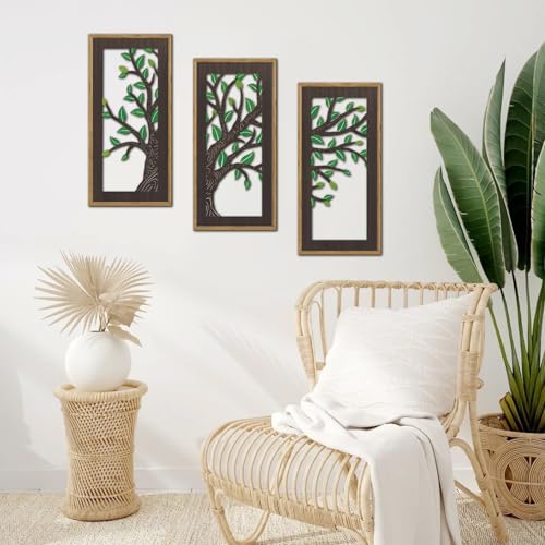 KAIRNE Wooden Tree Branch Framed Wall Art(Set of 3, 16”x8”),Abstract Tree of Life Hollow Artwork Decor,Rustic Birch Green Leaves Wood Decor,Modern Tree Farmhouse Decor for Living Room Bedroom Kitchen - color: Tree Branch, size: 8"L x 16"W