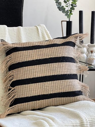 MOCOFO Handwoven Jute Cotton Striped Pillow Covers, Wabi Sabi Boho Farmhouse Decorative Throw Cushion Cover with Fringe (Cover Only) (Black/Natural, 20x20) - color: Black/Natural, size: 20" x 20" (Pack of 1)