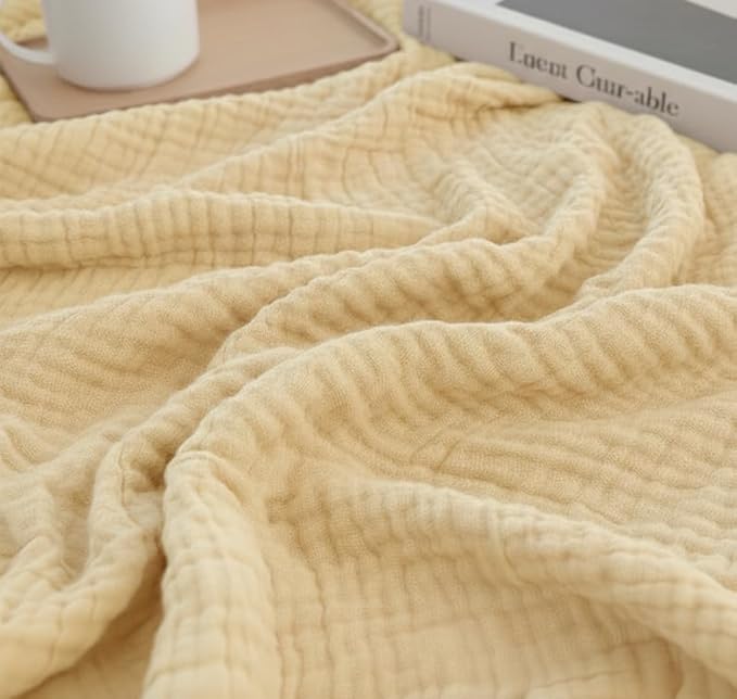 KyraHome Muslin Blankets for Adults Kids 60"x80",100% Organic Cotton Plant Dyed, Lightweight Breathable Gauze Cotton Throw Blanket for Couch, All Season (Shortbread/Creamy)