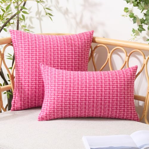 UGASA Valentines Outdoor Waterproof Pillow Covers Pack of 2 Weaving Texture Water Resistant Outside Decorative Pillow Cases for Patio Garden Porch Yard Bench Tent 18x18 Inch, Hot Pink - color: Hot Pink, size: 18" x 18" (Pack of 2)