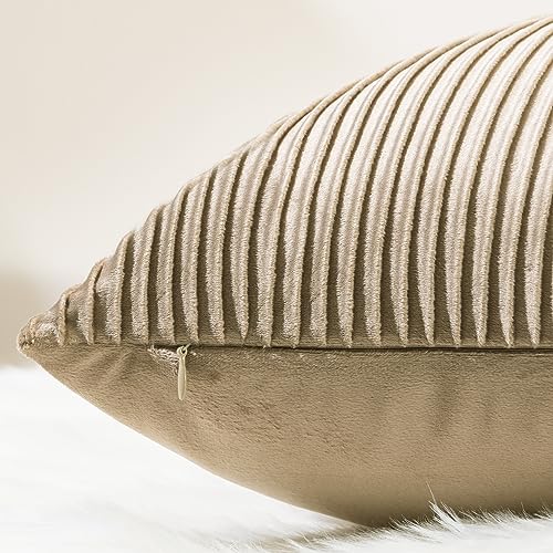 YCOLL Khaki Pillow Covers 16x16 Set of 2 Velvet Striped Pattern - Soft Throw Pillows for Home Decor, Luxury Decorative Pillow Covers for Couch, Bed,Living Room - color: Khaki, size: 16" x 16" (Pack of 2)
