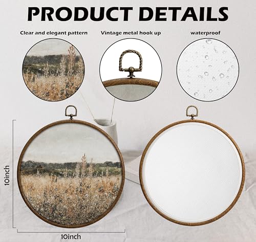 QKX Round Wall Decoration, Vintage Floral Field Landscape Wall Art, Printed Canvas Wall Hanging for Bedroom Kitchen Home Office, Living Room Wall Art, Dorm Decor, Circular Wall Hanging with Hooks,21 - color: Vintage20