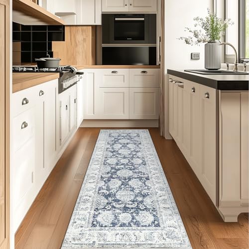 jinchan Fiora Runner Rug 2x5, Distressed Vintage Floral Washable Rug with Low-Pile Surface and Non-Slip Backing, for Entryway Kitchen Laundry Room Indoor Walkways and High-Traffic Areas, Dark Blue - color: Distressed Dark Blue, size: 2' x 5' (Light Weight