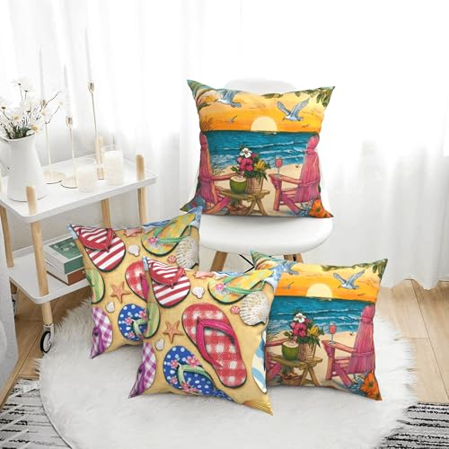 Summer Coastal Throw Pillow Covers 18 X 18 Inch Set of 4 Decorative Cushion Cover Home Decor for Sofa Chair Couch Bedroom Living Room - color: Summer Coastal