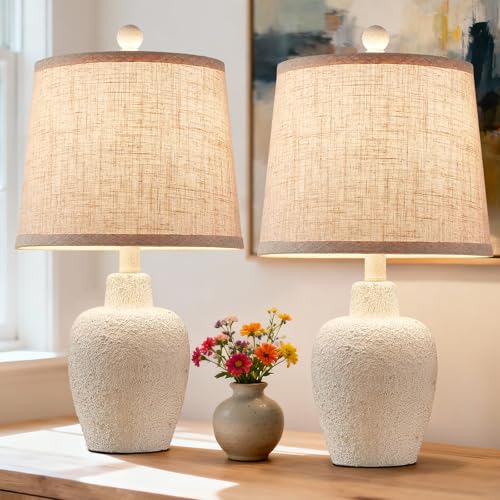 Table Lamps for Bedroom Set of 2 Farmhouse Table Lamps for Living Room 21" Rustic Cottage Jar-Shaped Bedside Lamp for Nightstand with Natural Beige Finish,Bulbs Not Included - color: White