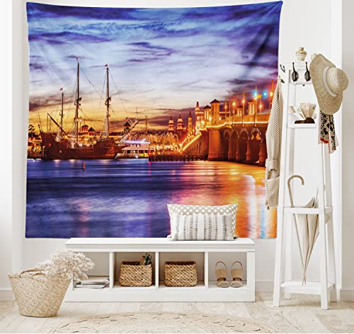 Ambesonne United States Tapestry, St. Augustine Florida Famous Bridge of Lions Dreamy Sunset Majestic, Wide Wall Hanging for Bedroom Living Room Dorm, 60" X 40", Orange Coral - color: Orange Coral, size: 60"L x 40"W
