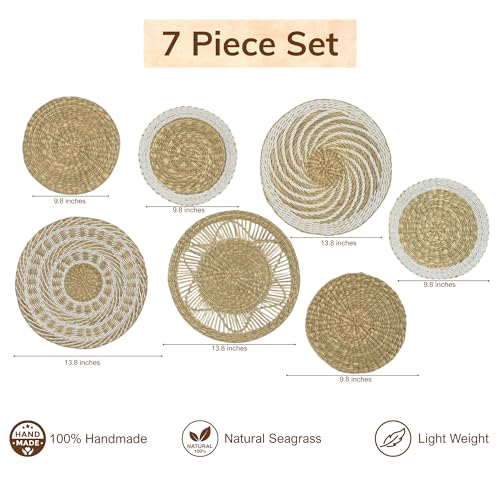 Wicker Wall Decor Set – Boho Basket Wall Art, Natural Woven Wall Art for Living Room Bedroom, Seagrass Decorative Plates For Wall Hanging, Flat and Lightweight - size: Medium