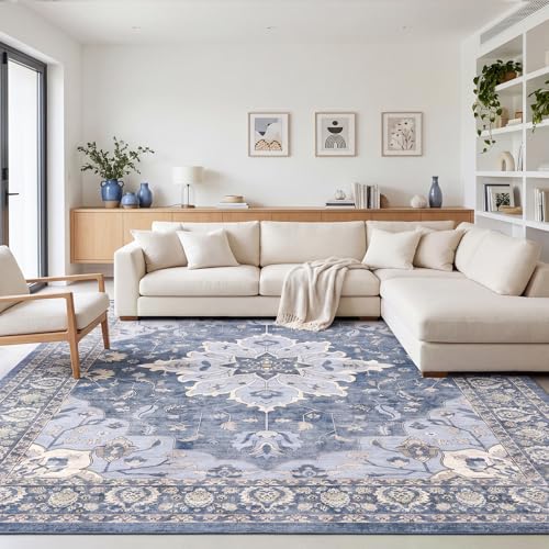 10x14 Area Rugs for Living Room, Machine Washable Boho Vintage Rug, Waterproof Surface & Non-Slip Backing, Foldable Soft Low Pile Floral Medallion Carpet for Bedroom Dining Room - color: Blue/Cream, size: 10' x 14' (Rectangular)