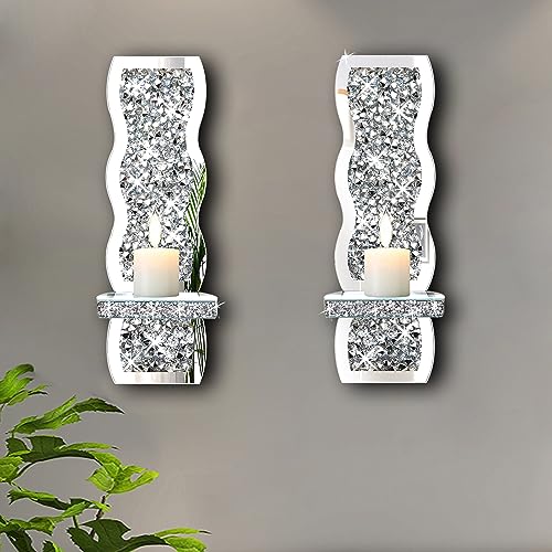 ZOLAPI Set of 2 Crystal Crush Diamond Candle Sconces, Gorgeous Silver Mirrored Wall Sconce, Wave Pattern Irregular Candle Holder Glass Wall Decorations for Home Décor, Living Room, Dining Room. - color: Silver Mirror ③