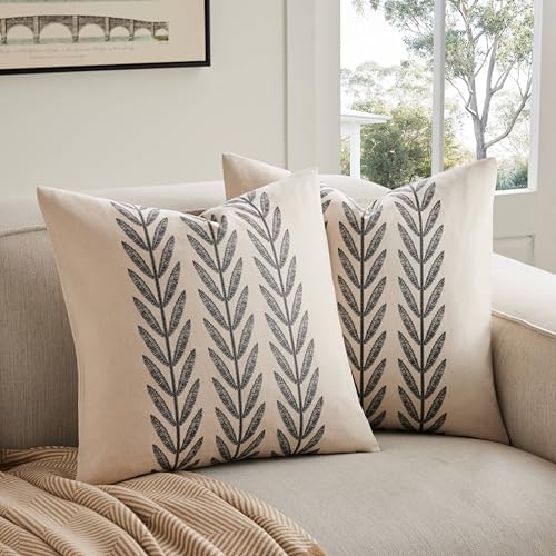 100% Cotton Farmhouse Leaves Throw Pillow Covers Set of 2, 18x18 Inch Black Pastoral Decorative Print Cushion Covers for Sofa Bed Living Room Home Decor - color: Black, size: 18" x 18" (Pack of 2)