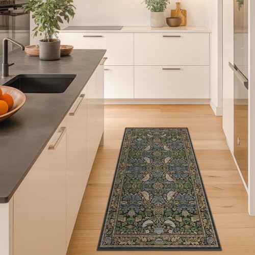 Floral Kitchen Runners - 2x5 Runner Rug for Hallway Bathroom Laundry Room Bedroom Beside Bed Entryway, Boho Birds Leaves Patterned Non Slip Low Pile Washable Rugs - color: Dark Green / Brown, size: 2' x 5' (Runner)