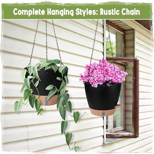 Self-Watering Hanging Planters with Water Level Window, 8/10 Inch Indoor Outdoor Hanging Plant Pots Includes Chain Hangers with Drainage Holes & Detachable Reservoir (Black, 8+10 inch) - color: Black