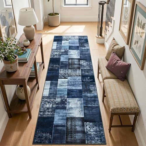 Tepook Modern Runner Rug for Living Room, 2x6 Washable Rugs for Bedroom Hallway, Geometric Patchwork Runner Rug Non-Slip Indoor Throw Carpet for Entryway Kitchen Office Home Decor, Blue - color: Blue, size: 2 X 6 Feet