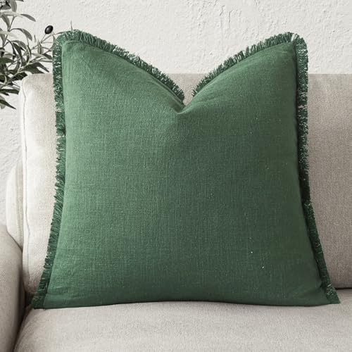 Foindtower Decorative Linen Fringe Throw Pillow Covers Cozy Boho Farmhouse Cushion Cover with Tassels Soft Accent Pillowcase for Chair Sofa Bed Living Room Home Decor, 16×16 Inch,1PC,Pine Green - color: Abundant Green, size: 16" x 16" (Pack of 1)