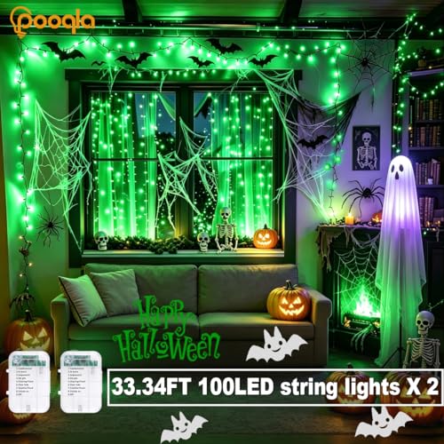 Pooqla 2 Pack String Lights Battery Operated, Total 66.6ft 200 LED Fairy Lights Indoor Outdoor Decorations, 8 Modes Green Battery Lights for Halloween Christmas Bedroom Porch Party Yard Decor - color: Green, size: 100 LED x2