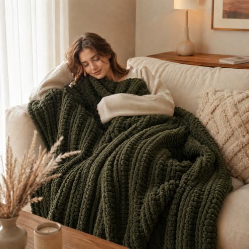 Battilo Chunky Knit Throw Blanket for Couch, Hand Made Chenille Throw Blanket, Super Soft Warm Cozy Olive Green Blanket for Bed, Sofa, Living Room, 50"x60" - color: Olive Green