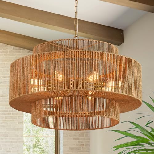 30” Large Hand-Woven Rattan Chandelier Vintage 8-Light Farmhouse Boho Bamboo Chandelier Light Fixture Retro 3-Tier Drum Wicker Rattan Golden Chandeliers for Dining Room, Kitchen, Living Room - color: Gold 30"