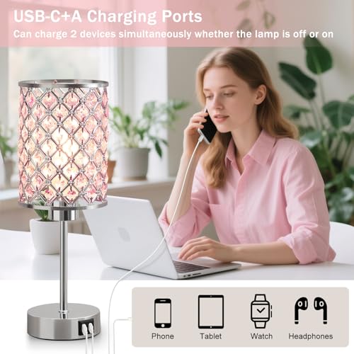 GyroVu Pink Crystal Table Lamp, Touch Control Bedside Lamps with USB-C+A Charging Ports, Dimmable Nightstand Small Desk Lamp Set of 2 for Girl Bedroom, Living Room, Office(Buld Included) - color: Pink-2, size: 14.75"