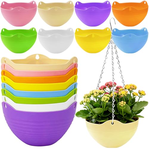 Bvrbaory 8 Pack Multicolor Hanging Planter Pots,8 Colors Garden Hanging Planters,Round Hanging Basket Pot for Indoor Outdoor Garden,Home Decor,with Water Tray Metal Chain - size: 8 Pcs Multicolor