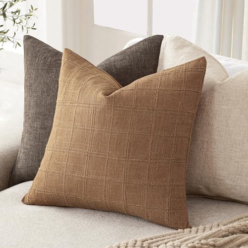 Foindtower Set of 1 Decorative Linen Check Throw Pillow Cover Neutral Farmhouse Vintage Cushion Cover Modern Boho Home Decor for Sofa Chair Couch Bedroom Living Room,16×16 Inch,Brick - color: Brick, size: 16" x 16" (Pack of 1)