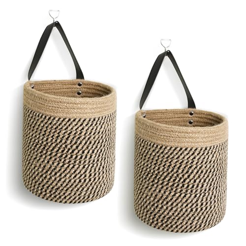 Hanging Basket 2 Pack, Small Wicker Wall Baskets for Organizing, Woven Boho Wall Hanging Decor, Indoor Plant Holder, Cotton Rope Door Organizer, Shelf Storage Bin, 7"D x 8"H (Black Stripes) - color: Black Stripes