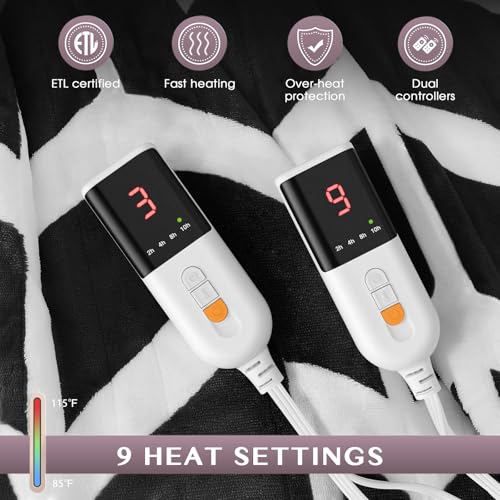 VENTIMI Electric Blanket Queen, 84" x 90" Heated Blanket with 9 Heat Levels & 2-4-8-10 Hours Auto Off, Fast Heating Blanket with ETL & FCC Certification, Black - color: Black, size: Queen