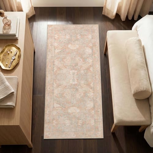 SIRIS 2x5 Washable Runner Rug, Symmetrical Botanical Floral Rug, Vintage Soft Low-Pile Non-Slip Hallway Runner, High-Traffic Floor Mat for Kitchen Entryway Bathroom Vanity Laundry Room, Muted Rose - color: Siris Muted Rose, size: 2' x 5' (Runner)