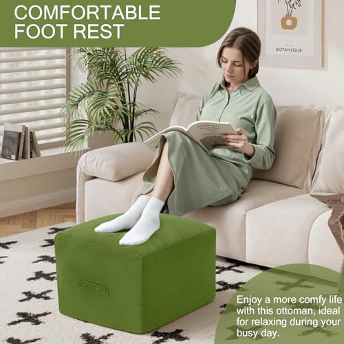 MeMoreCool Square Stuffed Pouf Ottoman Foot Rest, Floor Pouf Foot Stool with Foam Chunk Filling, Soft Stuffed Ottoman Footrest for Living Room, Green - color: Grid Green