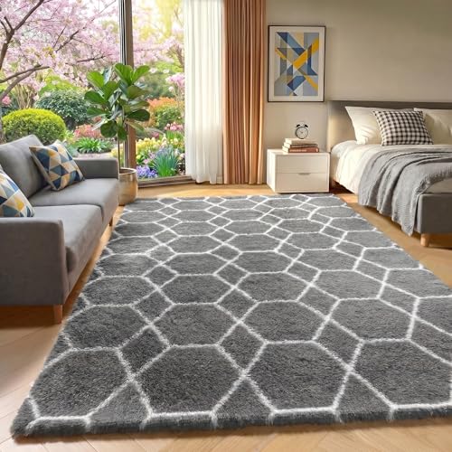 ONASAR Area Rugs for Bedroom Living Room, 4x6 Fluffy Grey and White Floor Rug, Shaggy Geometric Soft Plush Fuzzy Carpet for Nursery Teen Playroom Dorm Office Home Decor Aesthetic - color: 5- Grey / White, size: 4' x 6' (Rectangular)