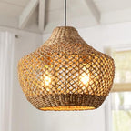 Hand-Woven Boho Rattan Chandelier Pendant Light Fixture - Brown Wicker Hanging Lamp for Kitchen Island, Dining Room, Bedroom, Foyer, Entryway, Porch or Restaurant Ceiling Lighting 15 Inch