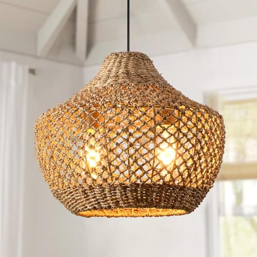 Hand-Woven Boho Rattan Chandelier Pendant Light Fixture - Brown Wicker Hanging Lamp for Kitchen Island, Dining Room, Bedroom, Foyer, Entryway, Porch or Restaurant Ceiling Lighting 15 Inch