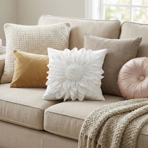 Bella's Giftshop 3D Sunflower Decorative Throw Pillow Covers for Bed Sofa Couch Car, Accent Floral Cushion Cover, Handmade Pillow Cases Living Room Decor, 17x17 Inch-Cream/White - color: Cream