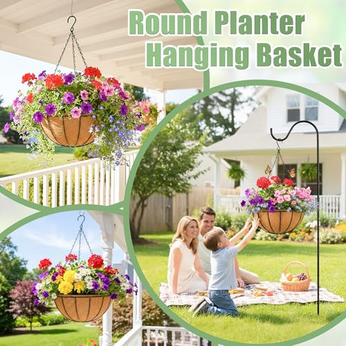 2 Pack 12 Inch Hanging Baskets for Plants Outdoor Metal Hanging Planters Round Hanging Flower Pots with Coco Coir Liner Plant Holder for Outdoor Patio Garden Balcony Decor - Watermelon - color: Watermelon