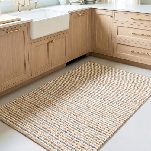 Homespice Remi Striped Area Rug 3x5' - Soft & Thick Premium Handwoven Jute Rug for Kitchen and Hallway, Lays Flat, Won't Fray or Shed, Warm Tan, Ivory & Gray Stripes - color: Remi, size: 3' x 5' (Rectangular)