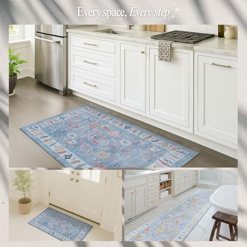 Fame Rugs Blue Modern Oushak Rug 2'6"x10, Vintage Turkish Colorful Oriental Antique Inspired Foldable Long Washable Runner Rugs, Luxury Living Room Bedroom (381LB, 2'6" x 10') - color: 381lb, size: 2'6" x 10' (Runner)