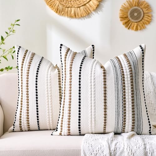 Boho Throw Pillow Covers 18x18 Farmhouse Decorative Accent Textured Accent Pillows Woven Cushion Cases - White and Brown Striped Throw Pillowcase Bohemian Pillow Covers for Couch Bed Living Room - color: Brown, size: 18" x 18" (Pack of 2)