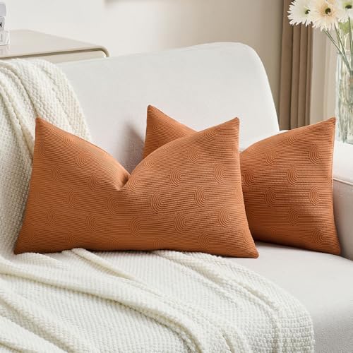 FUTEI Pack of 2 Chenille Decorative Throw Pillow Covers 12x20 Inch,Soft Cozy Striped Geometric Patterns Lumbar Pillow Cases,Modern Home Decor for Couch Bed Living Room,Burnt Orange - color: Burnt Orange, size: 20" x 12" (Pack of 2)
