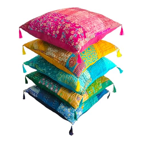 Set Of 5 Boho Throw Pillow Covers - Silk Decorative Cushions For Sofa, Couch, And Bed – Bohemian, Indian & Moroccan Inspired Home DéCor For Living Room (Silk Patch Cushion Cover, 18X18 Inches) - color: Silk Patch Cushion Cover