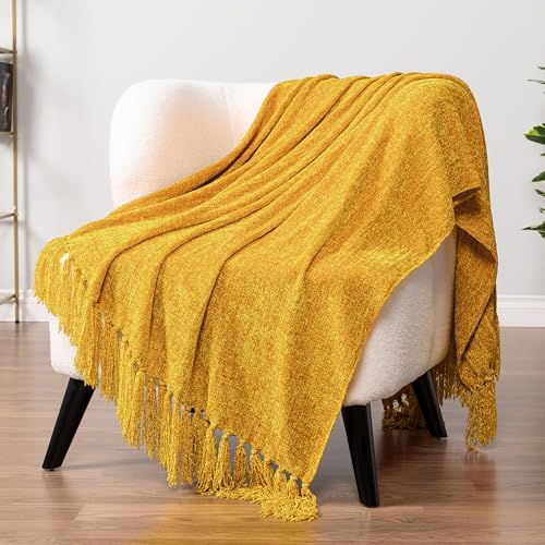 PAVILIA Mustard Yellow Blanket for Couch, Chenille Throw for Sofa Bed, Soft Knit Woven Gold Blanket with Decorative Tassel for Chair Living Room, Mustard Yellow 50x60 - color: Mustard Yellow, size: 50 X 60 Inches - Throw