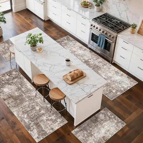 4-Piece Kitchen Rug Set with Runner – Washable Non-Slip Floor Mats for Sink,Entryway,Hallway,Bathroom – Modern Abstract Neutral Soft Throw Rugs(Brown Beige,2x3+2x4+2x5+2x6) - color: Brown Beige, size: 2x3+2x4+2x5+2x6