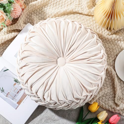 Drydiet 1 Pcs Round Throw Velvet Pillows Decorative Pleated Throw Pillows Diameter Accent Pumpkin Boho Chair Cushion for Couch Sofa Home Decoration (Beige,15'') - color: Beige, size: 15''