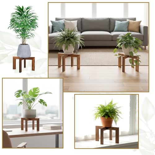 2 Pack Wood Plant Stand, Indoor Outdoor Sturdy Brown Flower Pot Holder Modern Plant Shelf Rattan Flower Plants Stool Elegant Home Decor for 5-18 Inch Pots Patio Variety Pots Easy Assembly