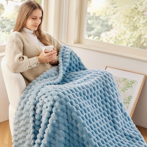 NEWCOSPLAY Super Soft Throw Blanket Blue Premium Silky Flannel Fleece 3D Clouds Stylish Jacquard Lightweight Bed Blanket All Season Use 350GSM (Blue, Throw(50"x60")) - color: Blue, size: Throw(50"x60")