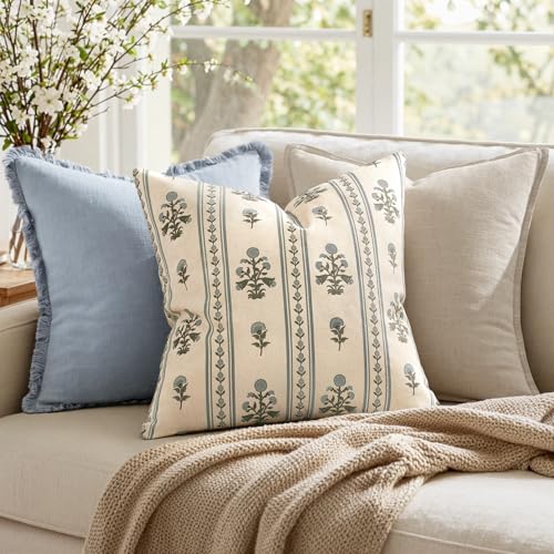 Decorative Vintage Striped Floral Throw Pillow Covers 20x20 Inch Set of 2 Light Blue Farmhouse Boho Botanical Print Cushion Covers for Sofa Couch Chair Bedroom Living Room Summer Home Decor - color: Light Blue, size: 20" x 20" (Pack of 2)
