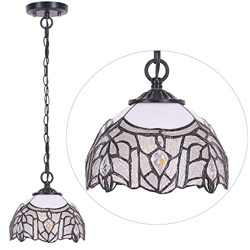 Small Tiffany Pendant Light 8 inch Tiffany Style Stained Glass Pendant Hanging Lamp Small Vintage Hanging Light Fixtures for Home Living Room Restaurant Hallway (White Bending Crtystal Style) - color: White Bending Style