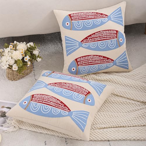 LUOYEHK Summer Embroidered Throw Pillow Covers 18x18 Inch Pack of 2 Coastal Canvas Beach Cushion Covers for Couch Sofa Bed Living Room (Red Fish) - color: A Pair of Seahorses