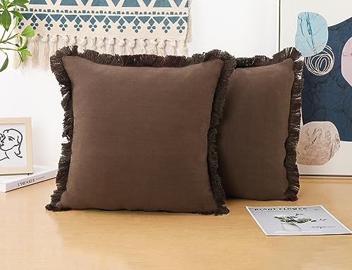 NUYECY Set of 2 Natural Linen Fringed Throw Pillow Covers,Chocolate Neutral Decorative Pillowcase with Chic Tassel Burlap Boho Square Cushion Covers for Couch Sofa Farmhouse,20x20 inches - color: Chocolate, size: 20" x 20" (Pack of 2)