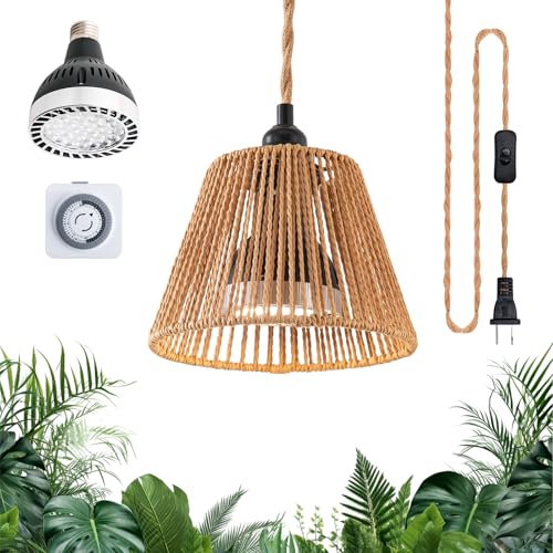Hanging Grow Light, 30W LED Lamp with Timer for Indoor Plants | 4000K LED plant lamp with 15 ft cord, outlet timer, and boho paper rope shade for succulents, herbs, and low-light rooms. - color: Cone